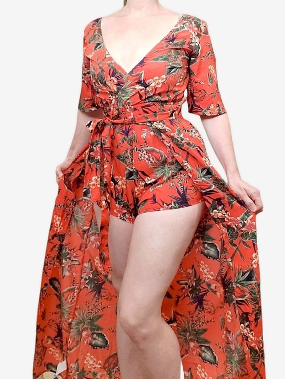 RIPE Boutique Orange Floral Kimono Romper Maxi Dress- Size S